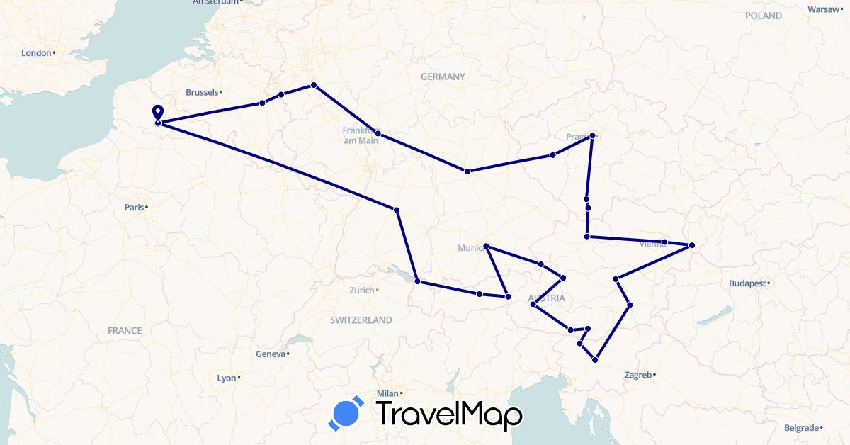 TravelMap itinerary: driving in Austria, Belgium, Czech Republic, Germany, France, Slovenia, Slovakia (Europe)